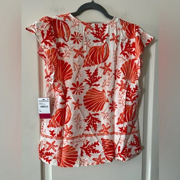 Vince Camuto Vibrant Red Seashell Print Rayon Blouse Women’s Size Small - Picture 5 of 15